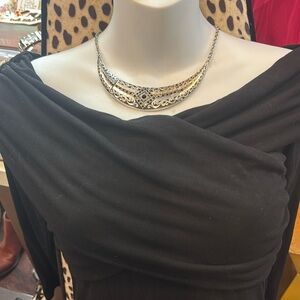 Black Long-Sleeve Draped Neck A-Line Dress